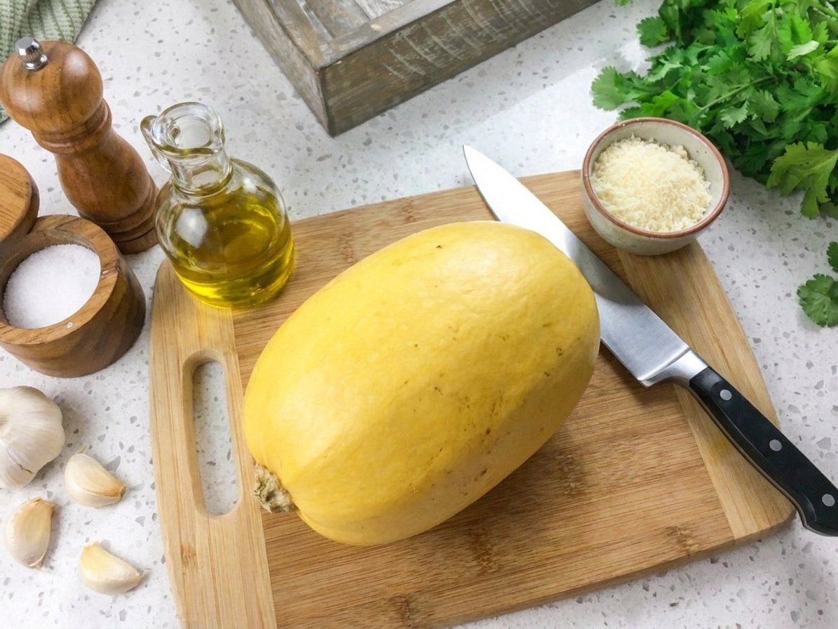 A whole spaghetti squash on a wooden cutting board beside a chef's knife, olive oil, salt, pepper, garlic, and a small bowl of grated parmesan on a bright kitchen counter