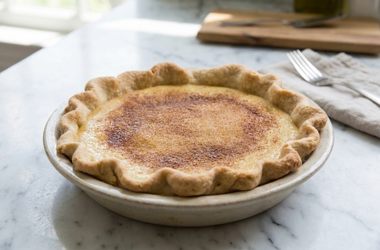 A whole sugar cream pie in a flaky crust with a golden cinnamon sugar top, set on a light stoneware pie plate on a bright kitchen table
