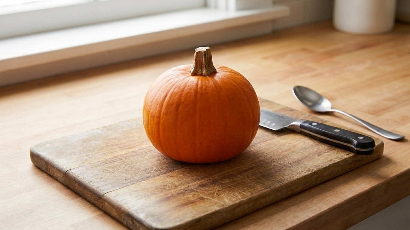 A whole sugar pie pumpkin on a wooden cutting board with a chef's knife and a spoon nearby