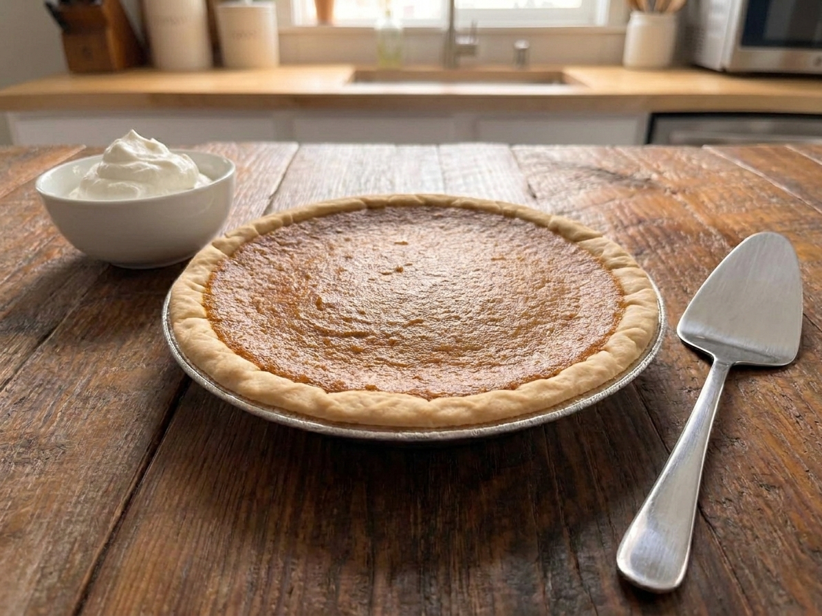 A whole sweet potato pie on a wooden table with a pie server beside it and a small bowl of whipped cream in soft, warm lighting