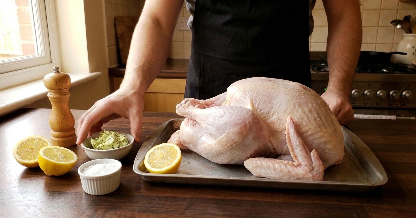 A whole turkey on a sheet pan with a bowl of herb butter, salt, pepper, and halved lemons on a kitchen counter