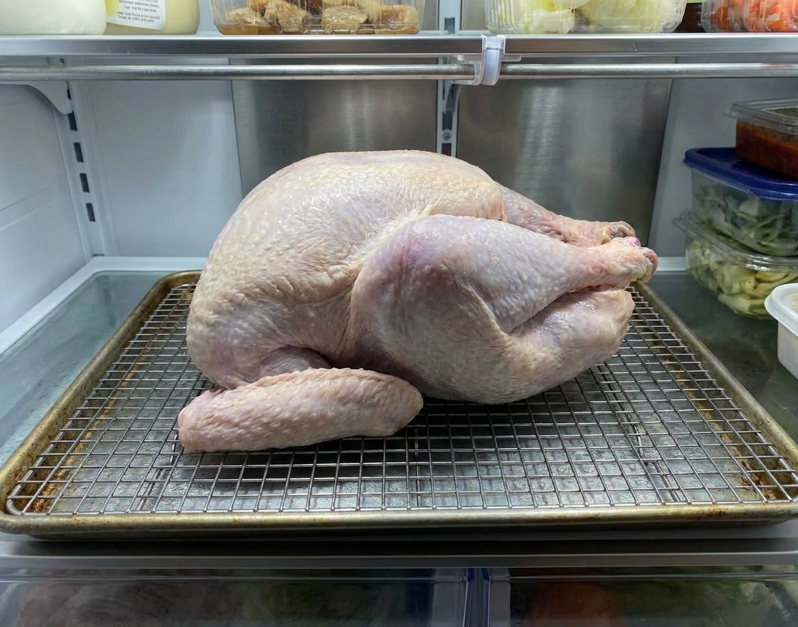 A whole turkey resting breast-side up on a wire rack set over a sheet pan, air drying uncovered in a refrigerator
