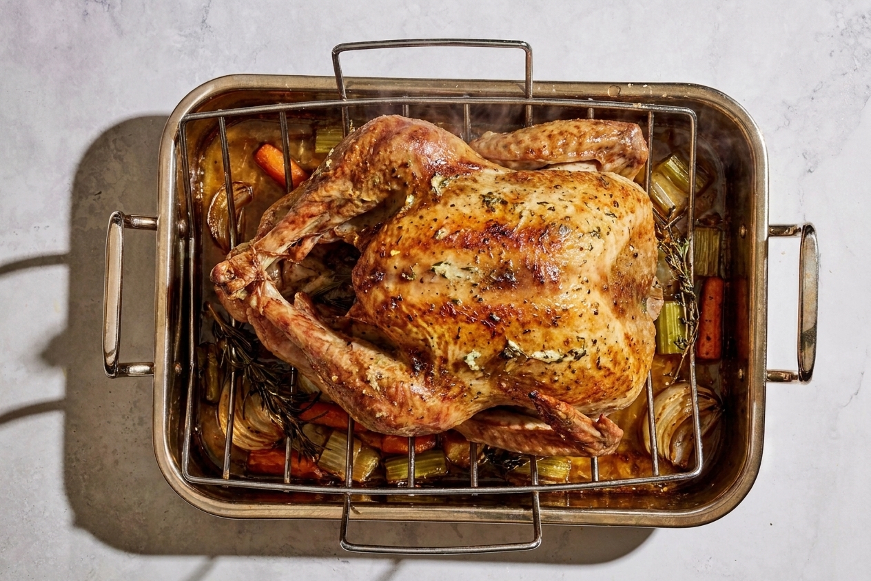 A whole turkey roasting in a metal pan with vegetables and pan juices visible