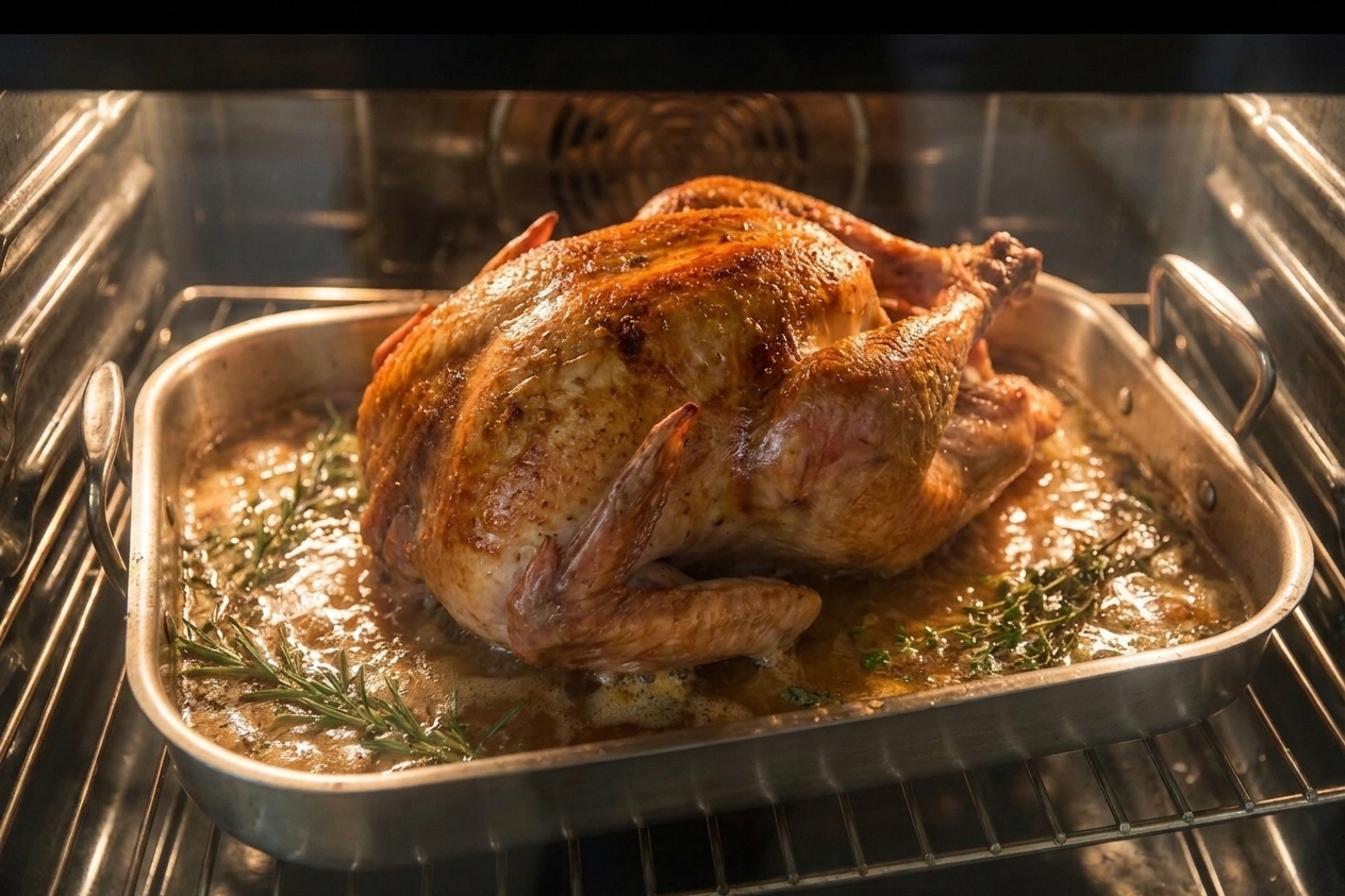 A whole turkey roasting in a pan in the oven with golden skin forming and broth in the bottom of the pan