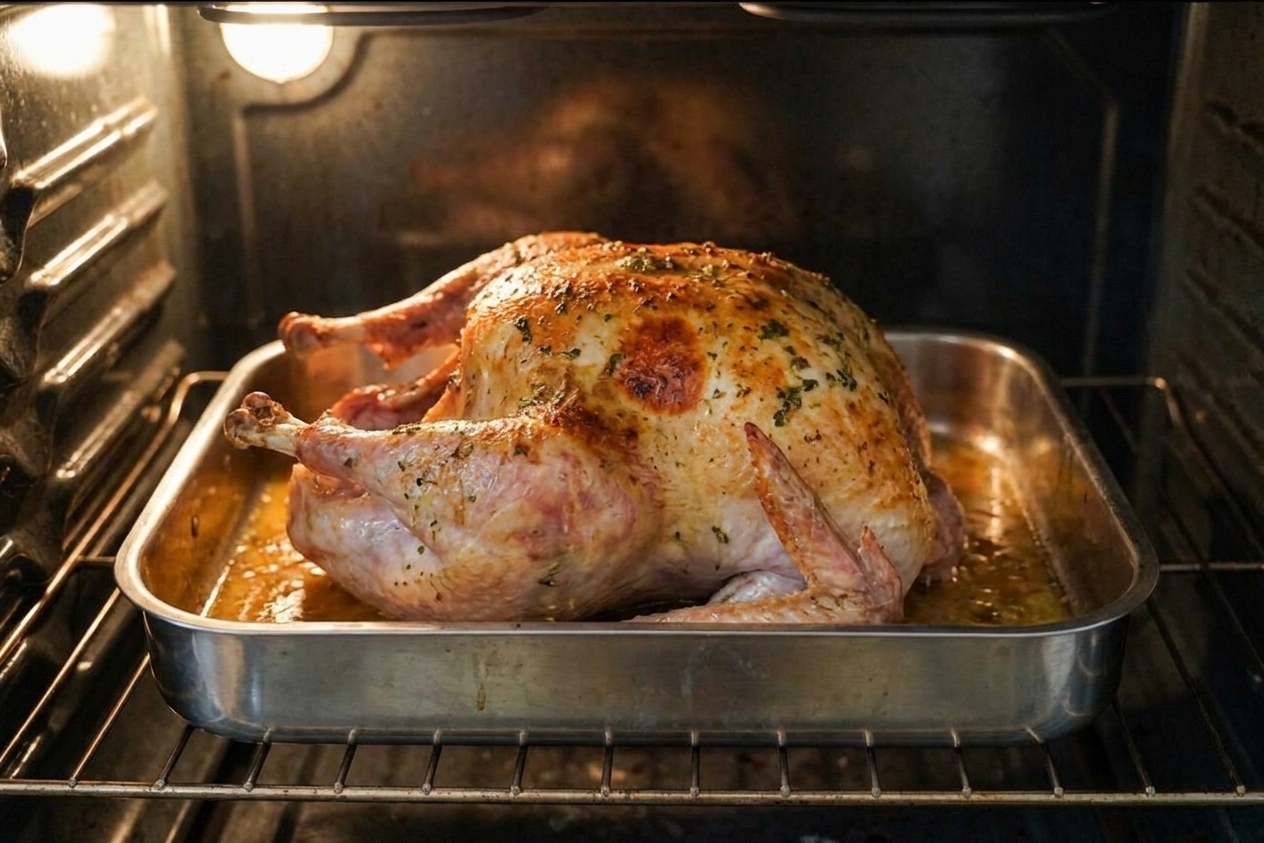 A whole turkey roasting on a rack in a roasting pan inside an oven with golden skin forming, warm oven light