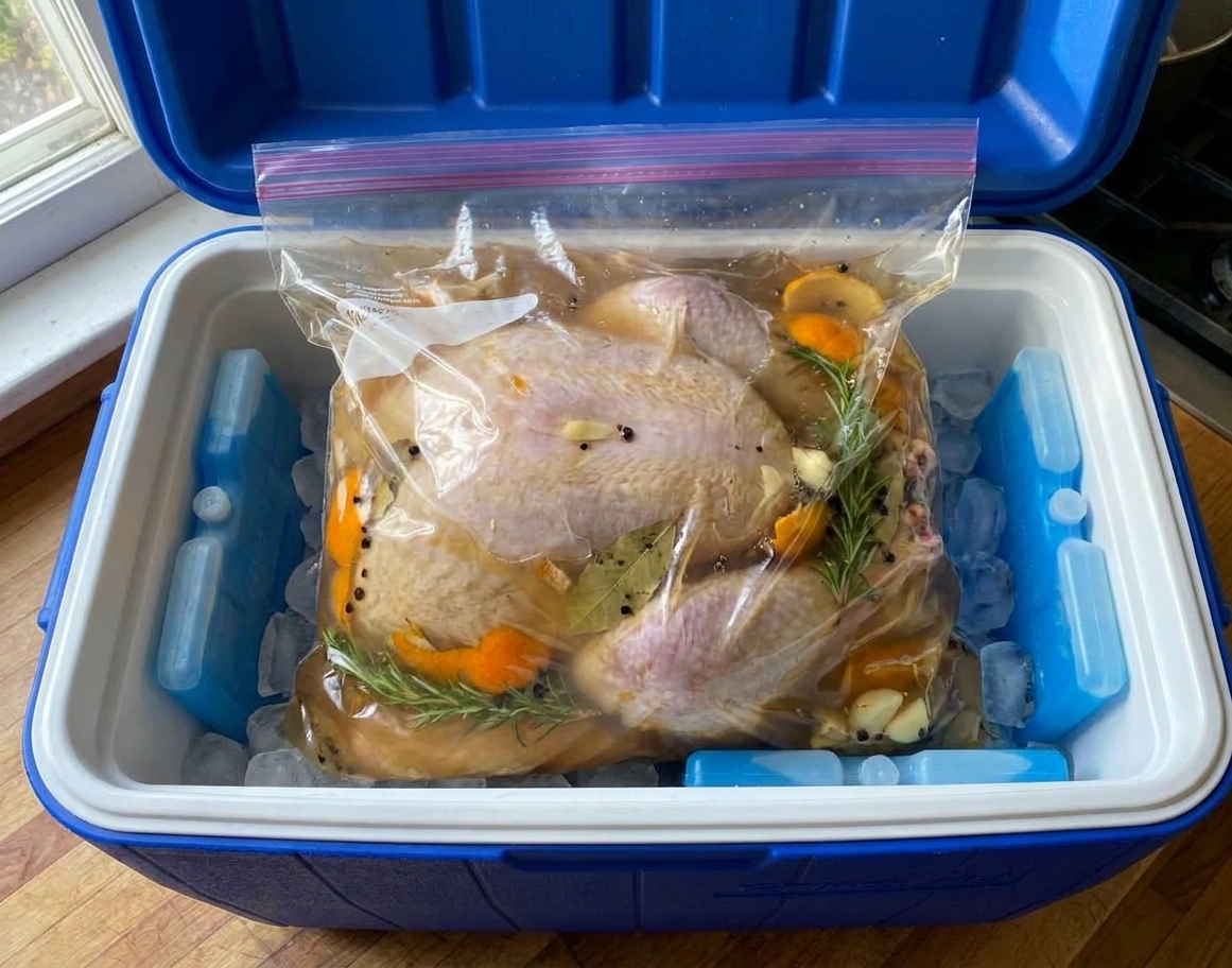 A whole turkey submerged in brine inside a large zip brining bag set in a cooler filled with ice packs for safe chilling