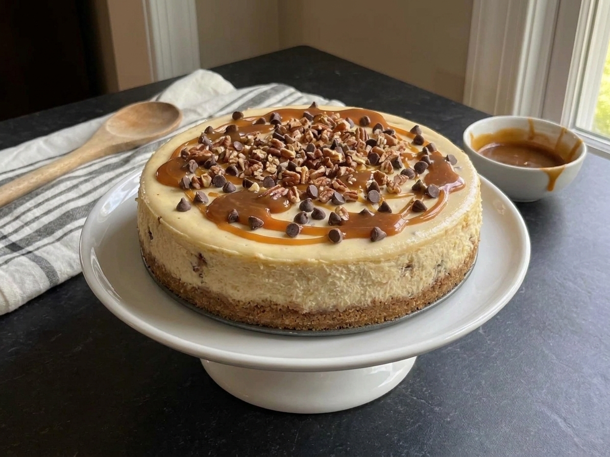 A whole turtle cheesecake on a cake stand with glossy caramel drizzle, melted chocolate swirls, and toasted pecans on top, set on a warm kitchen counter with soft natural light