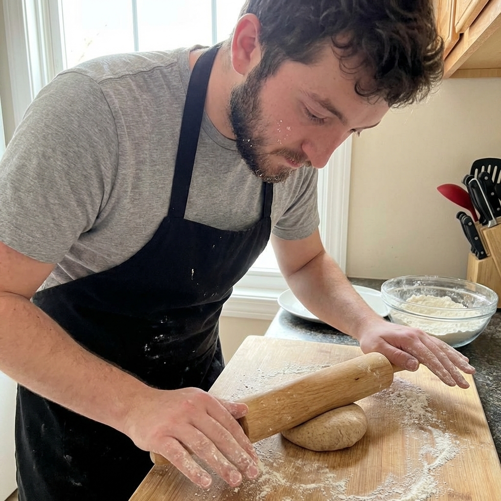 A whole wheat paratha dough ball being rolled on a lightly floured wooden board with a rolling pin, close-up real kitchen photo