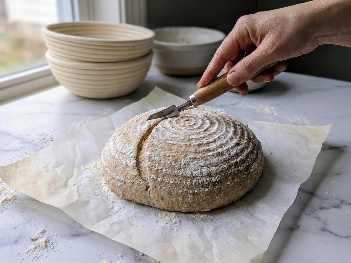 A whole wheat sourdough loaf on parchment being scored with a bread lame on a kitchen counter, just before baking