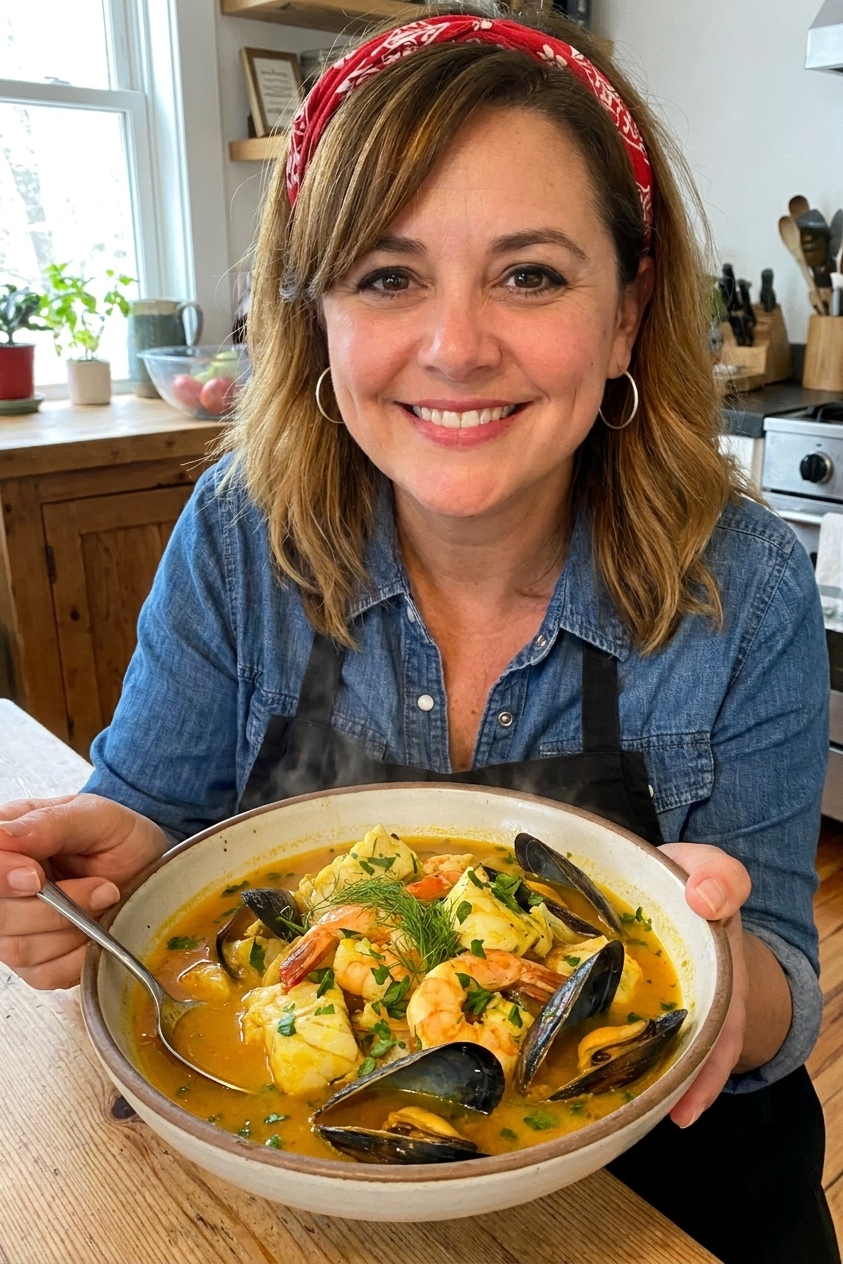 A wide bowl of bouillabaisse filled with saffron broth, chunks of white fish, shrimp, and open mussels, garnished with parsley and fennel fronds, natural light food photography