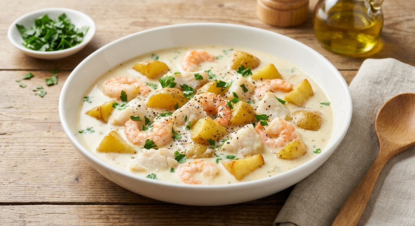 A wide bowl of creamy sea chowder with chunks of potato, visible pieces of shrimp and white fish, sprinkled with chopped parsley and cracked black pepper on a wooden table