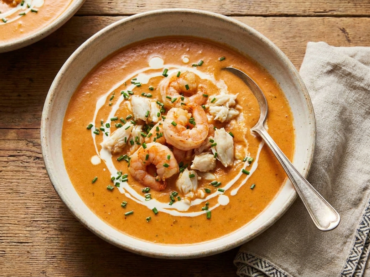 A wide bowl of creamy seafood bisque topped with shrimp, crab, chopped chives, and a drizzle of cream on a rustic wooden table with a spoon and linen napkin