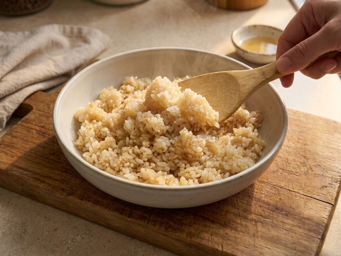 A wide bowl of glossy seasoned sushi rice being folded with a rice paddle on a light kitchen counter