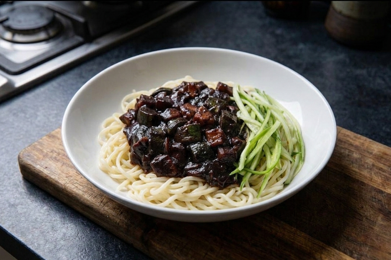 A wide bowl of jajangmyeon with glossy black bean sauce over chewy noodles, topped with crisp cucumber matchsticks on a simple wooden table