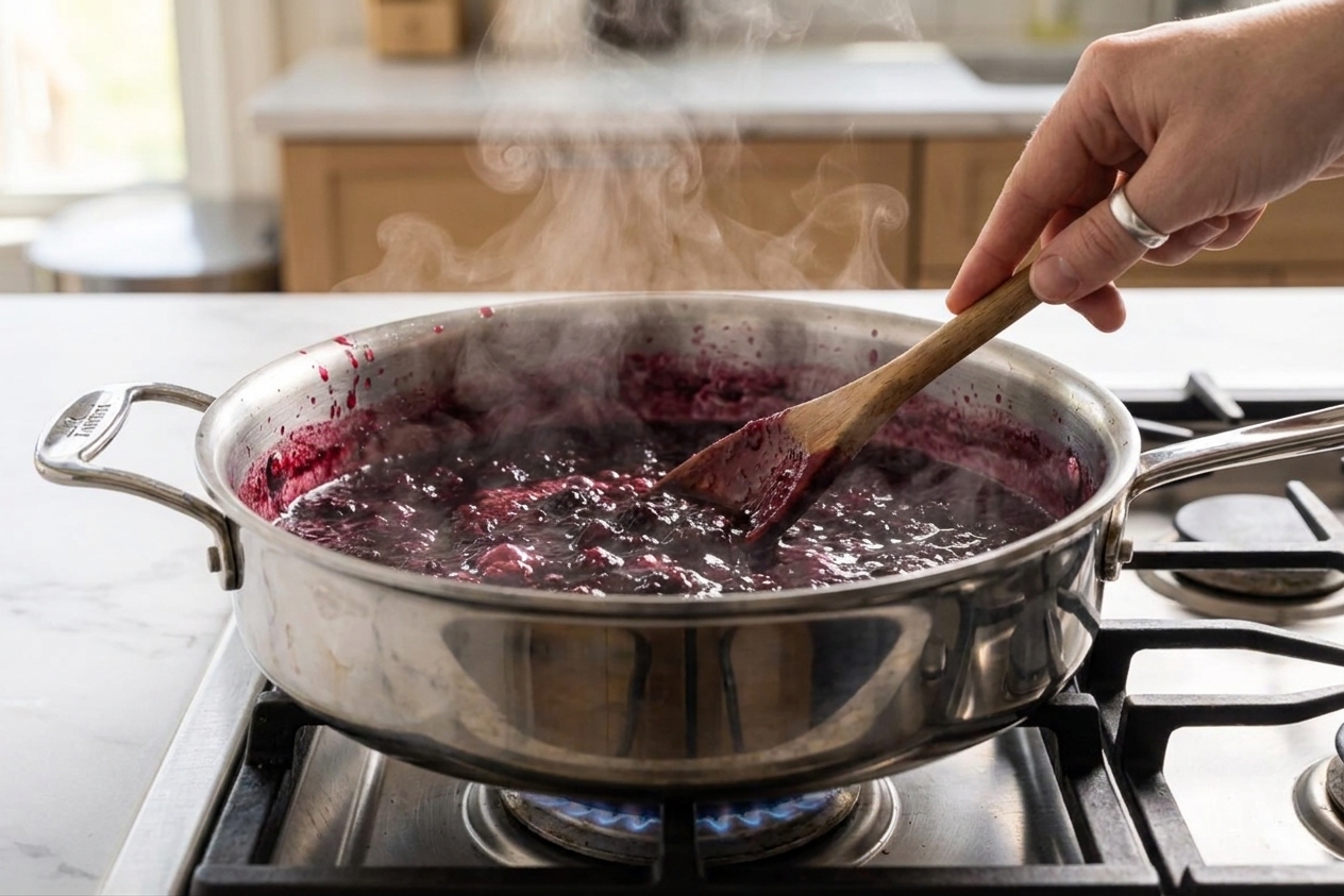 A wide heavy-bottom pot on a stovetop with blackberries simmering into jam, steam rising as a spoon stirs