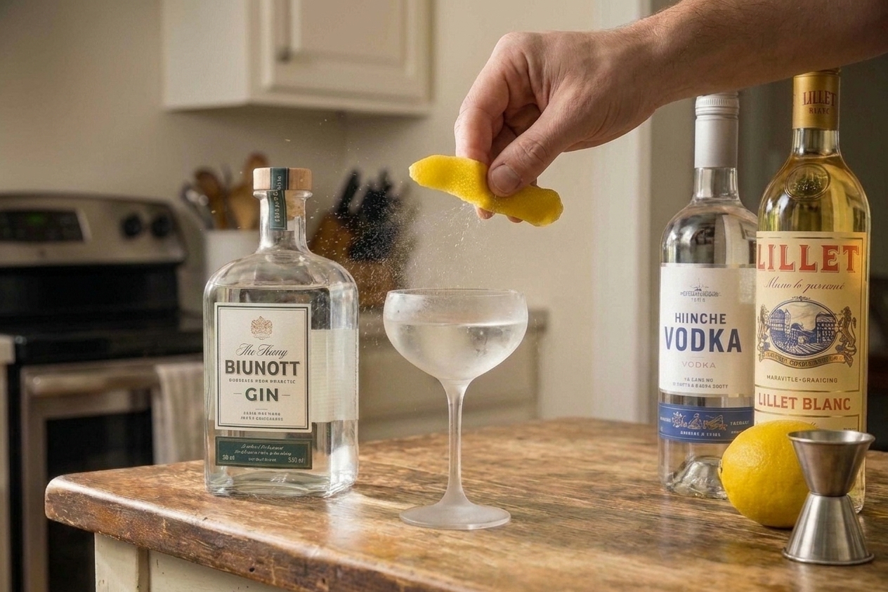 A wide lemon peel being expressed over a freshly poured Vesper cocktail in a coupe glass