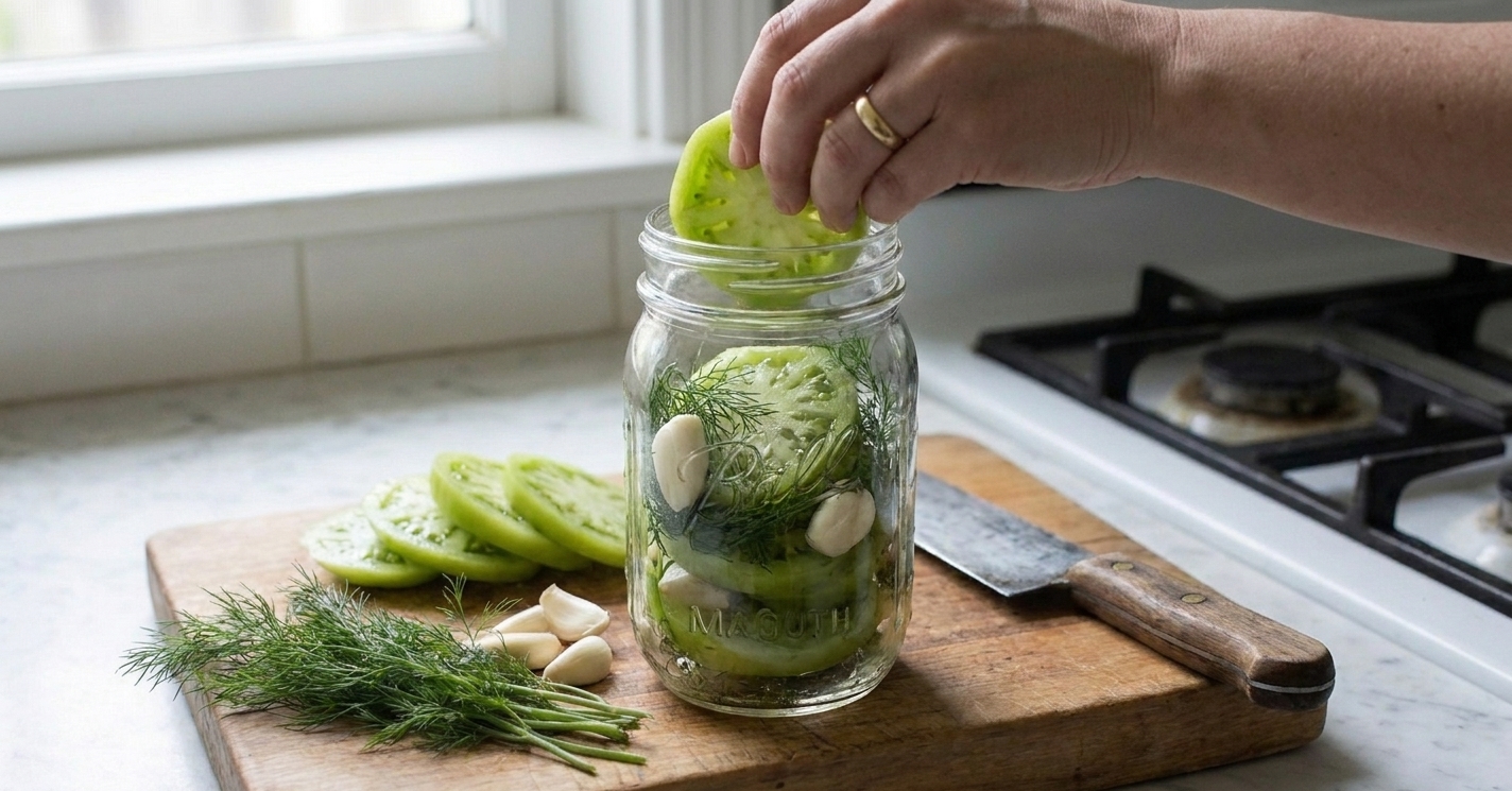 A wide-mouth glass jar being filled with green tomato slices, fresh dill sprigs, and garlic cloves
