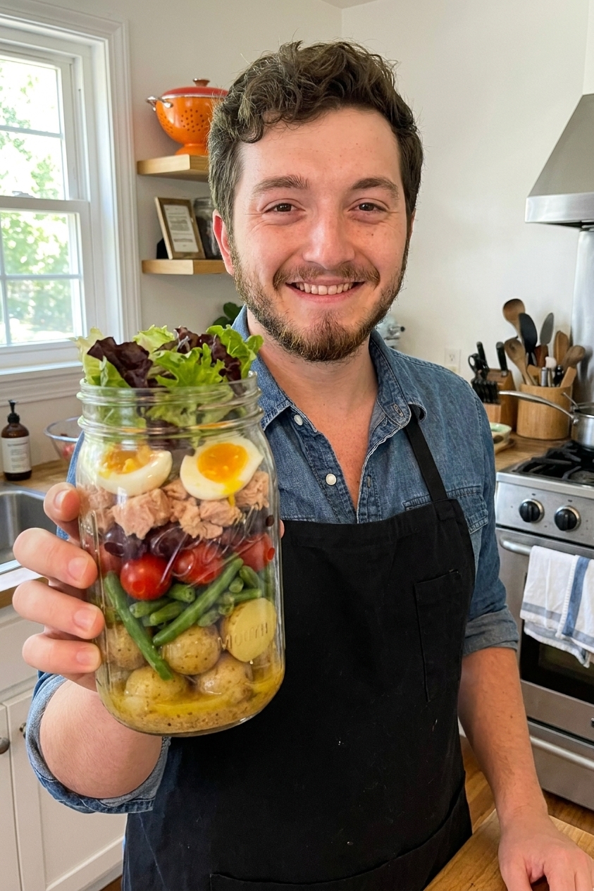A wide-mouth glass jar filled with a tuna Niçoise salad lunch prep layered with Dijon vinaigrette at the bottom, potatoes, green beans, tomatoes, olives, tuna, jammy egg halves, and lettuce on top, real food photography