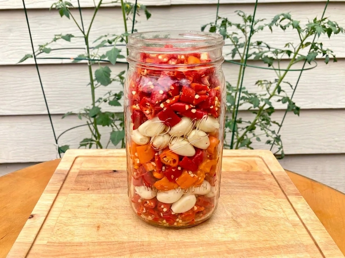 A wide-mouth glass jar packed with chopped red and orange chiles and whole garlic cloves before adding brine