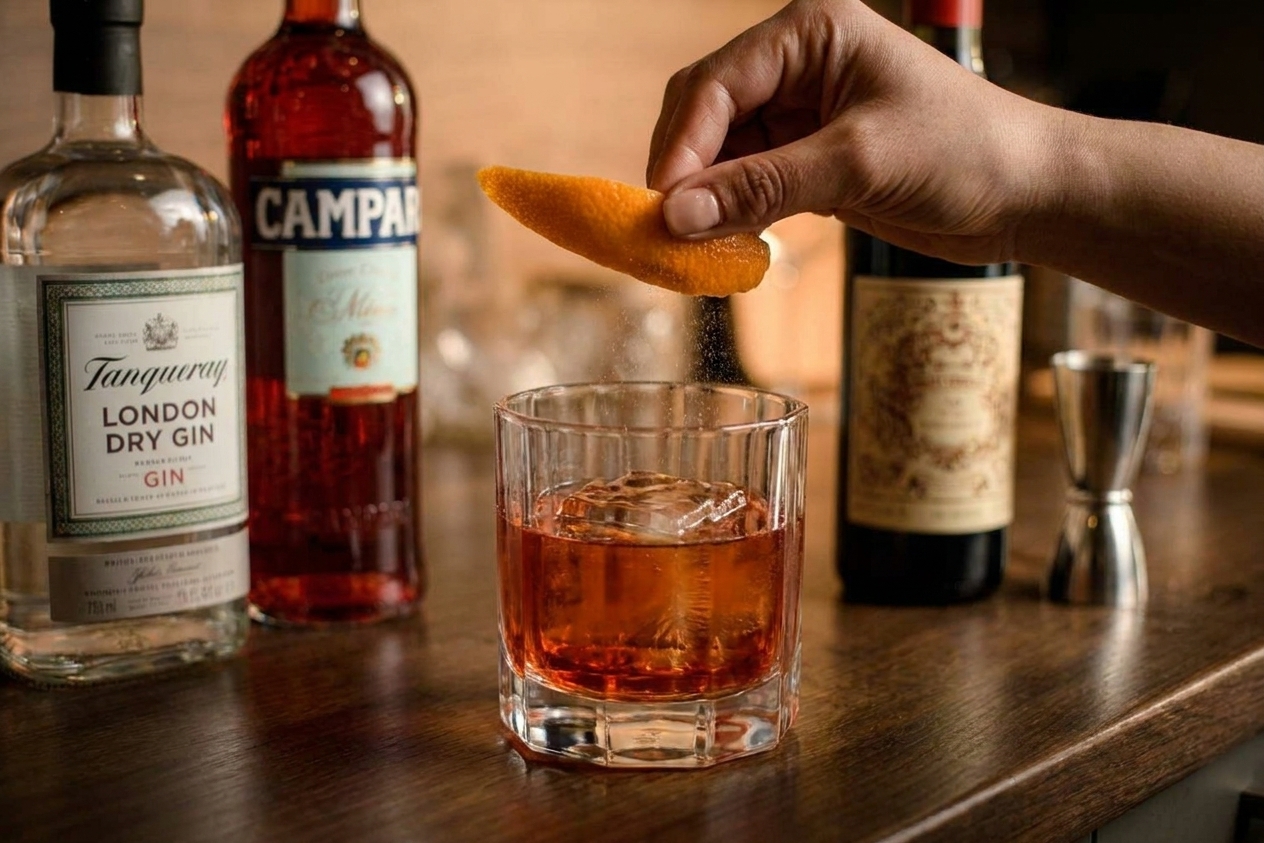A wide orange peel being expressed over a freshly poured Negroni in a rocks glass, releasing citrus oils on the surface