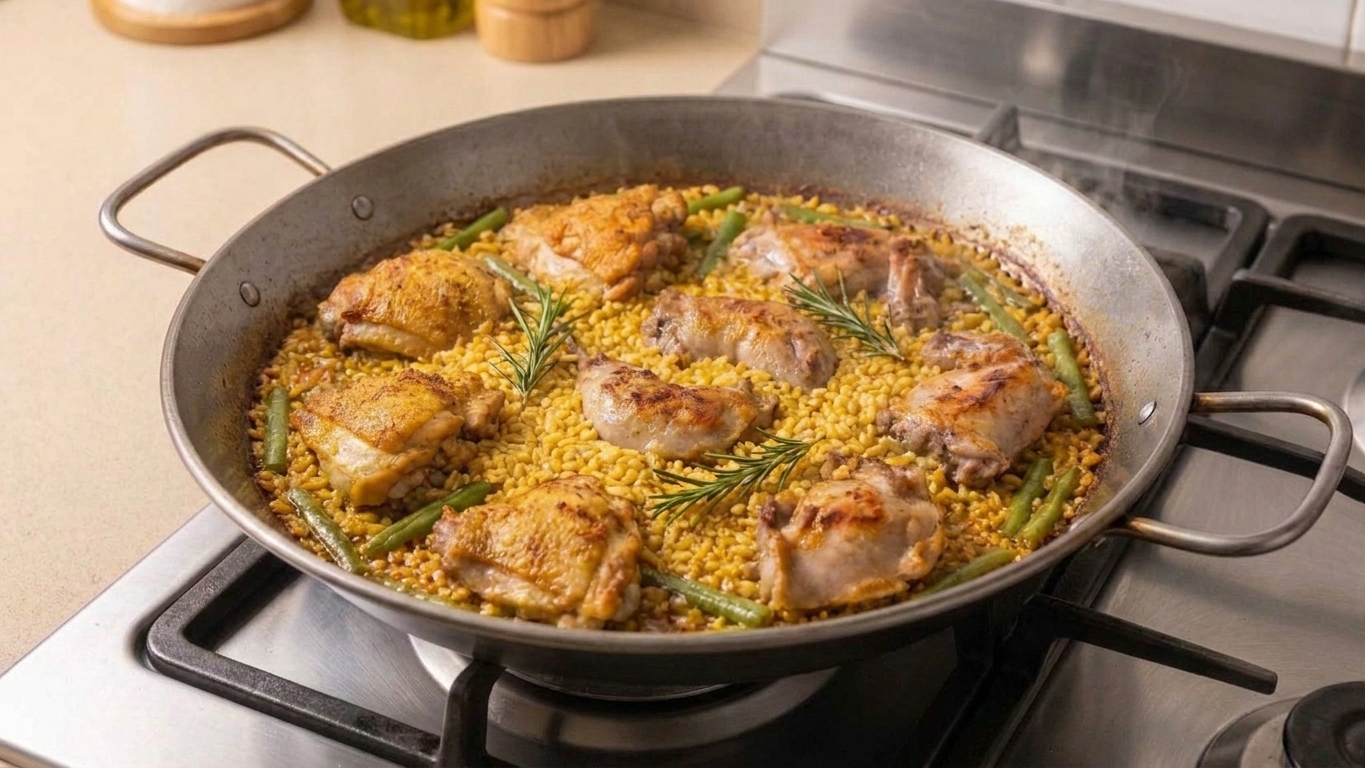 A wide paella pan on a home stove filled with paella valenciana, golden rice with browned edges, chicken pieces, green beans, and rosemary in warm kitchen lighting