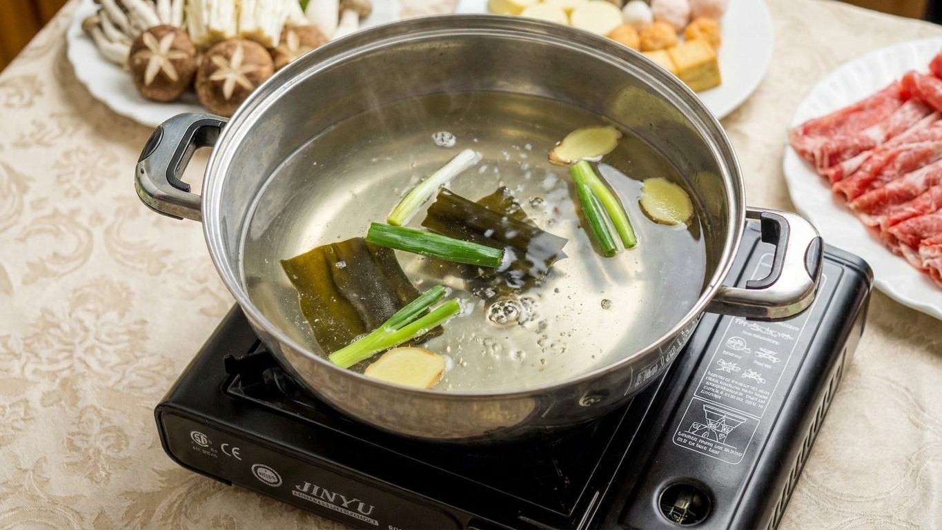 A wide pot of clear kombu broth gently simmering on a stovetop with scallion pieces and ginger slices floating on the surface