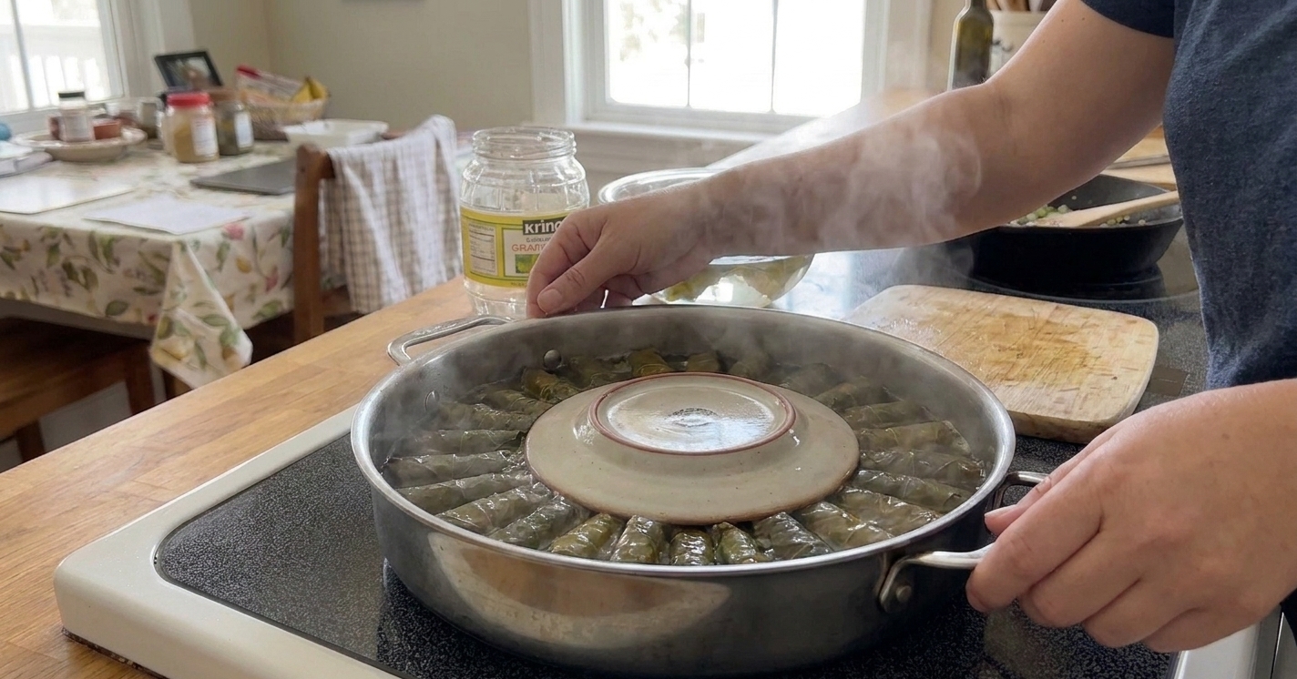 A wide pot with dolmades inside and a small plate resting on top as a weight while simmering on the stove
