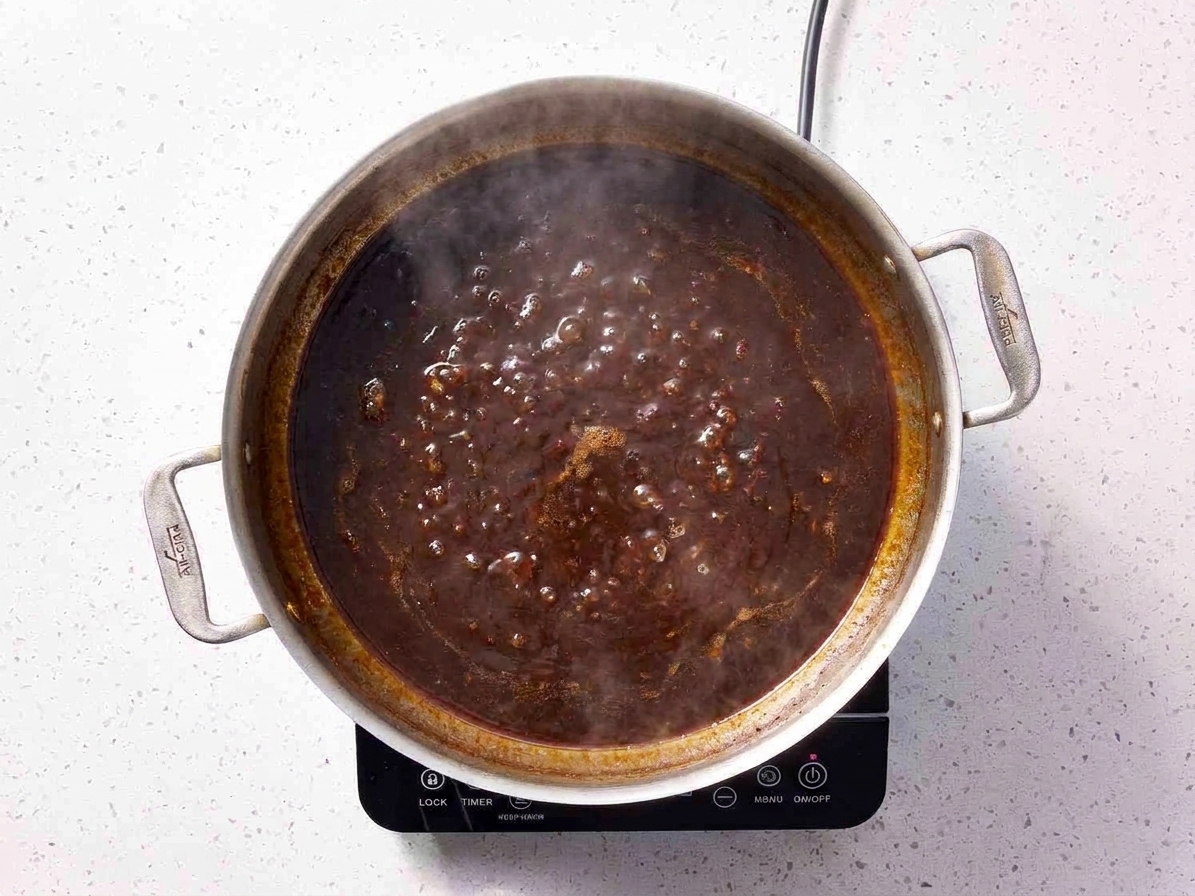 A wide saucepan with dark beef reduction simmering and turning glossy as it reduces