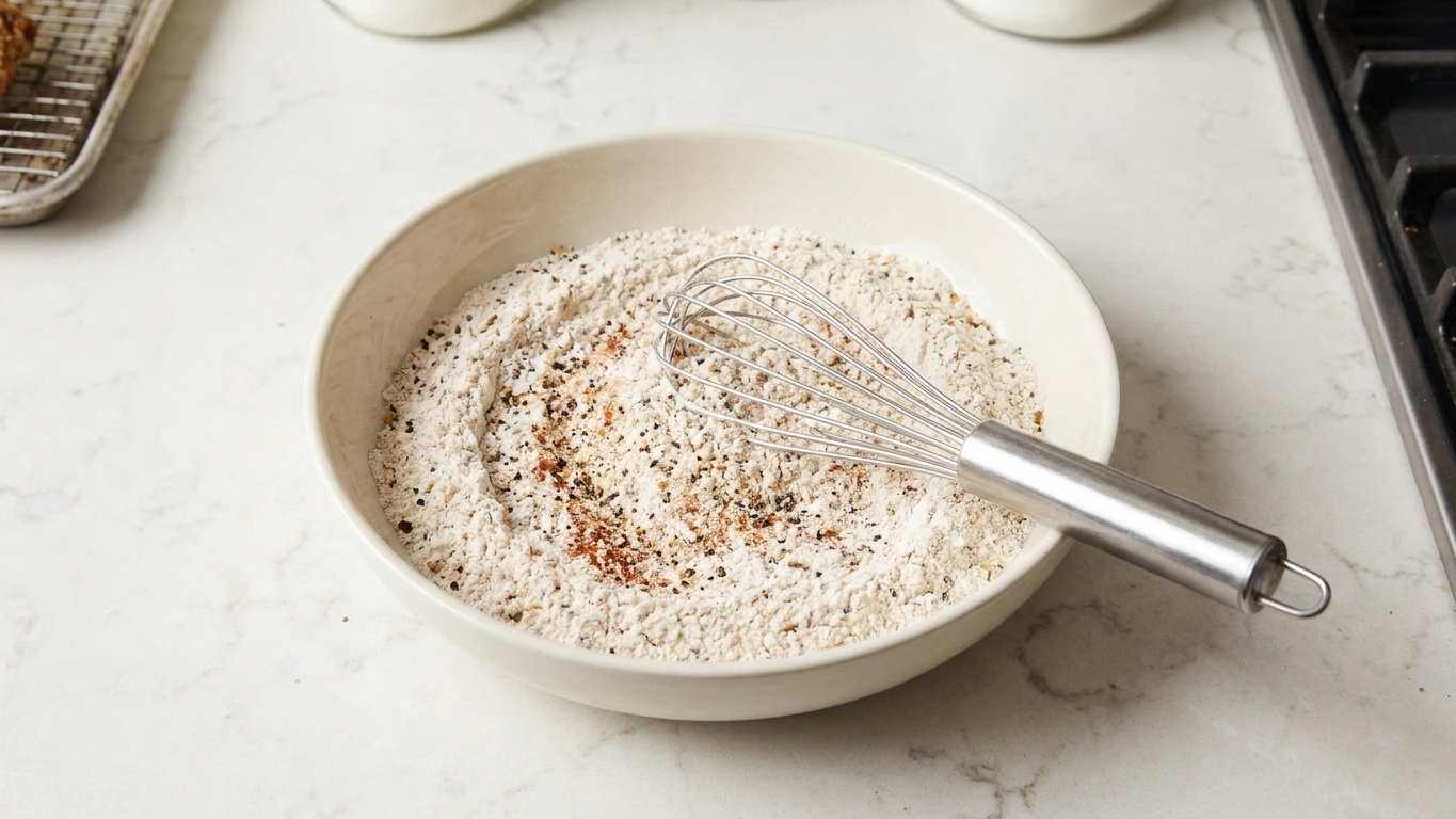 A wide shallow bowl filled with a seasoned flour mixture and a whisk resting inside on a kitchen counter