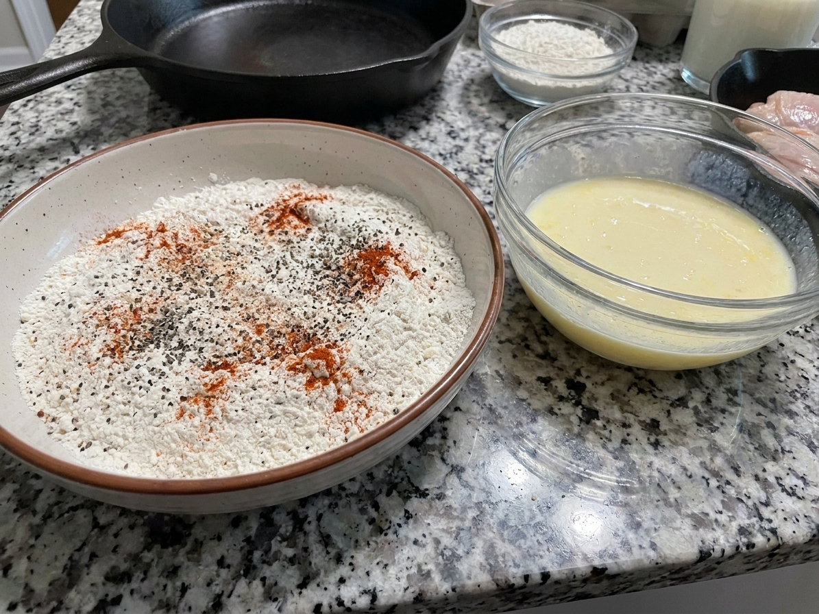 A wide shallow bowl filled with flour and visible spices like black pepper and paprika, set beside a bowl of buttermilk egg mixture on a kitchen counter