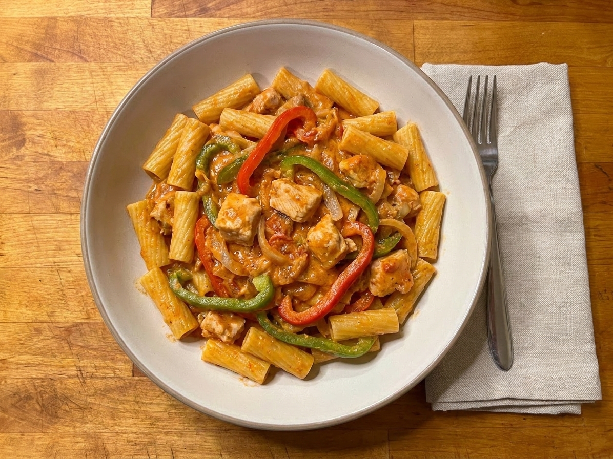 A wide shallow bowl of chicken riggies with rigatoni pasta, tender chicken pieces, sweet peppers, and a creamy tomato sauce, set on a warm kitchen table with a simple linen napkin