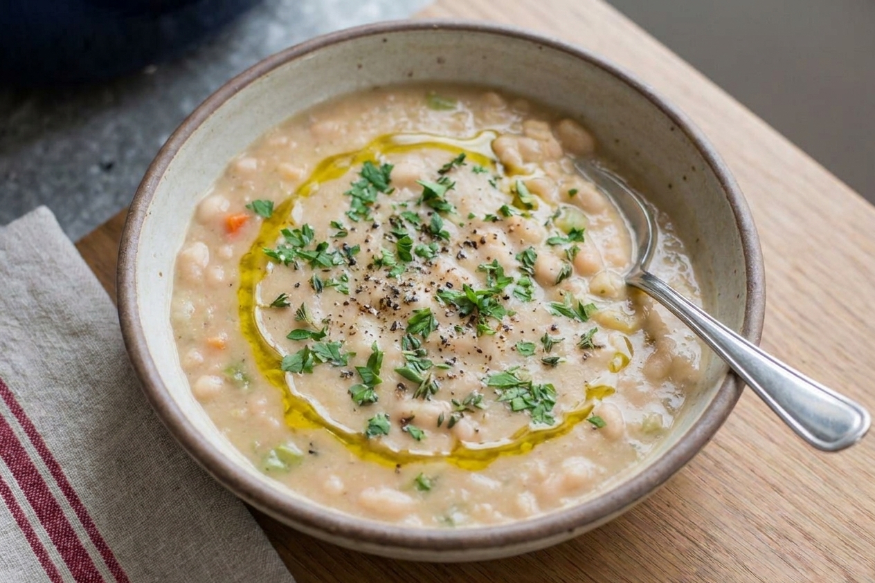 A wide shallow bowl of creamy cannellini bean soup finished with a swirl of olive oil, cracked black pepper, and chopped parsley on a simple stoneware table setting