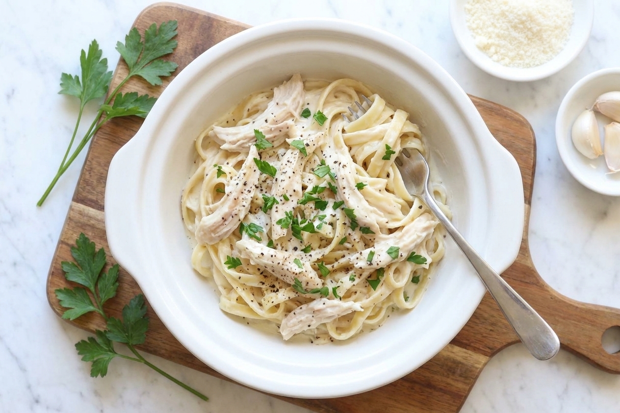 A wide shallow bowl of creamy chicken Alfredo with shredded chicken and fettuccine, finished with black pepper and chopped parsley on a neutral-toned dinner table