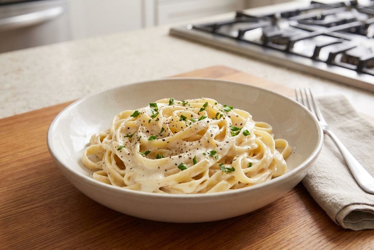 A wide shallow bowl of fettuccine coated in creamy cottage cheese Alfredo-style sauce with cracked black pepper and parsley on a warm kitchen table