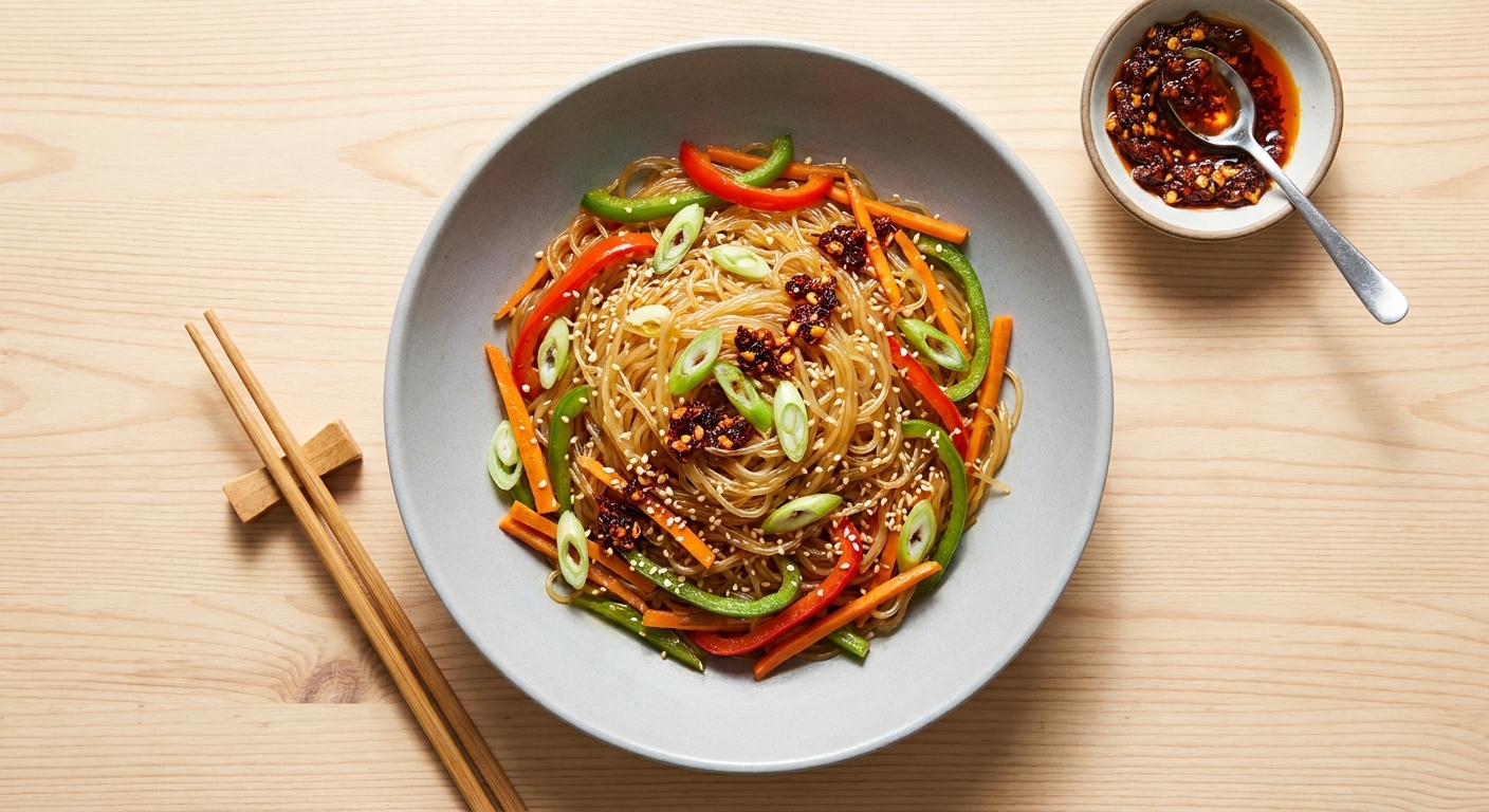 A wide shallow bowl of glossy glass noodles tossed with sautéed vegetables and sesame seeds on a light wooden table with chopsticks and a small dish of chili crisp