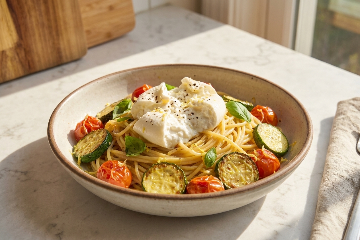 A wide shallow bowl of lemony pasta topped with sautéed zucchini, burst cherry tomatoes, torn burrata, basil leaves, and cracked black pepper on a sunlit kitchen table