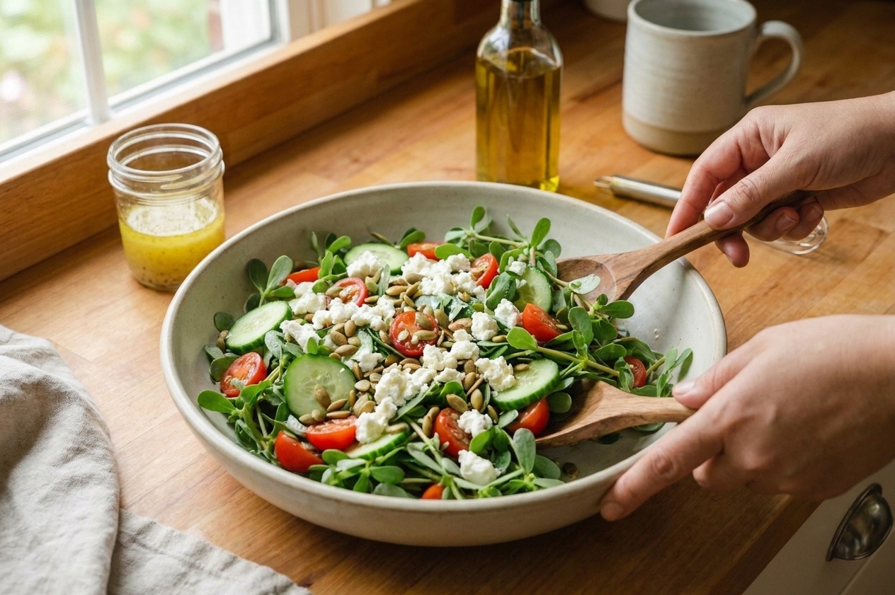 A wide shallow bowl of lemony purslane salad with cucumber, cherry tomatoes, crumbled feta, and toasted pepitas on a light stoneware table setting in bright natural kitchen light