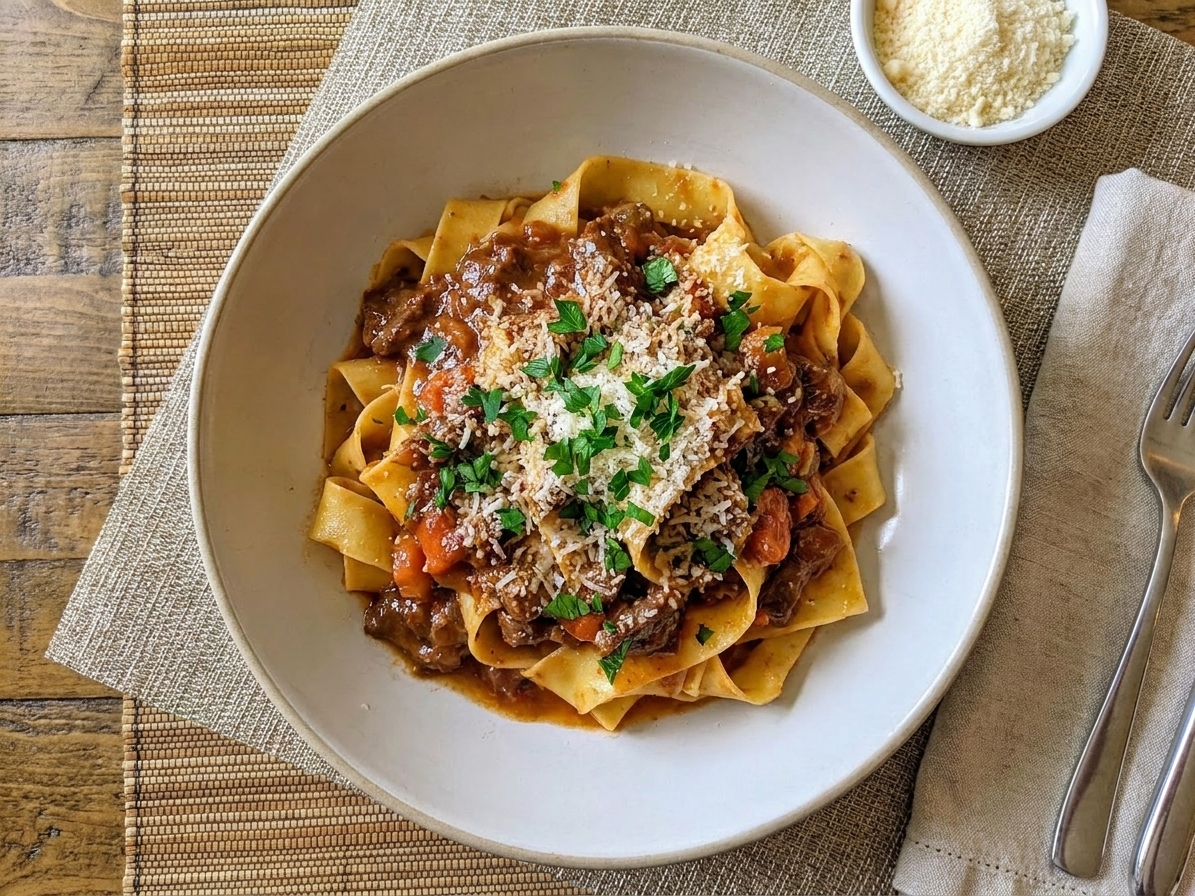 A wide shallow bowl of pappardelle coated in glossy beef ragu, topped with grated Parmesan and chopped parsley on a rustic wooden table