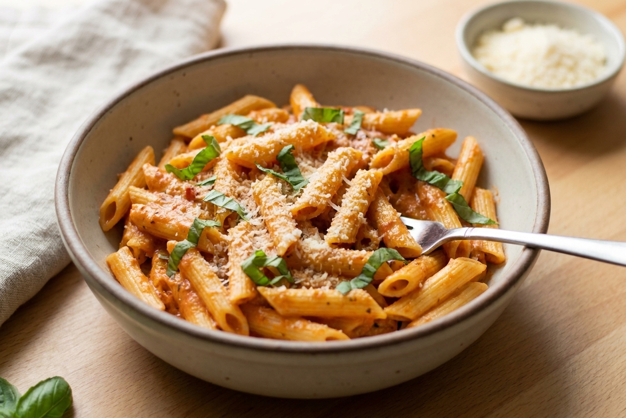 A wide shallow bowl of penne pasta coated in a creamy tomato sauce, finished with grated Parmesan and torn basil on a wooden table with warm kitchen lighting