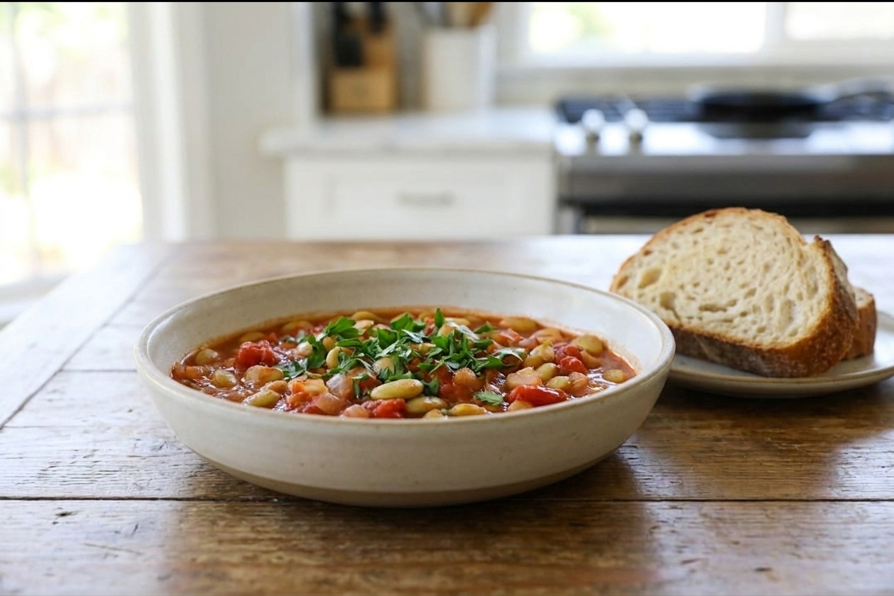 A wide shallow bowl of smoky tomato lima beans topped with parsley, with a slice of crusty bread on the side on a warm kitchen table