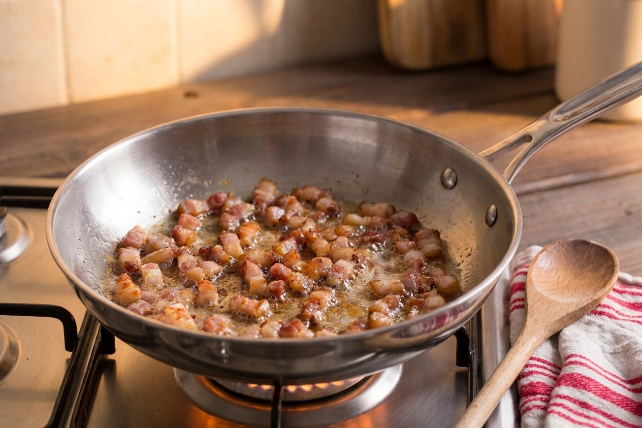 A wide skillet on a home stove with guanciale rendering and a wooden spoon resting nearby, warm kitchen lighting