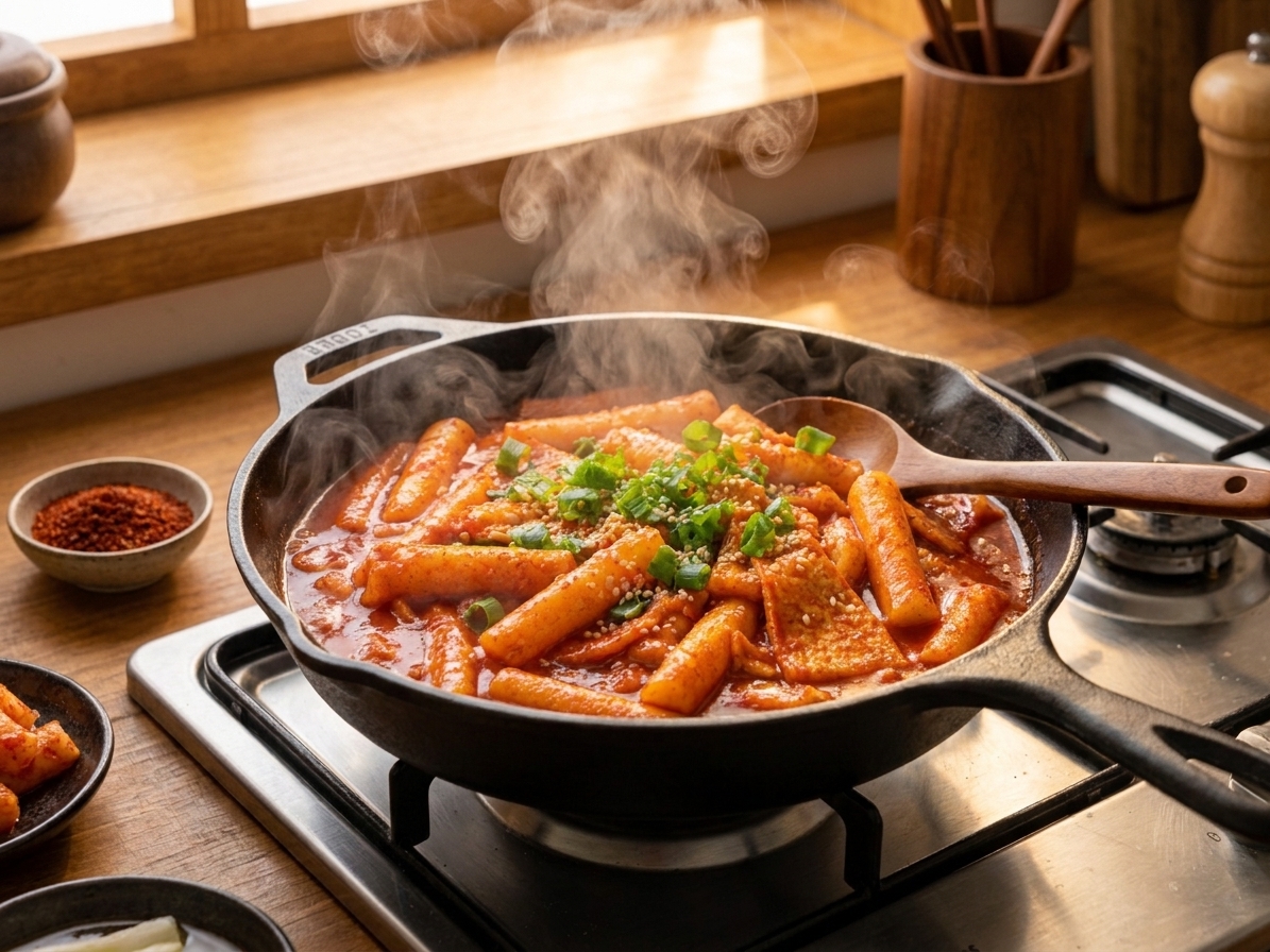 A wide skillet on a stovetop with tteokbokki simmering in a red sauce, steam rising under warm kitchen lighting