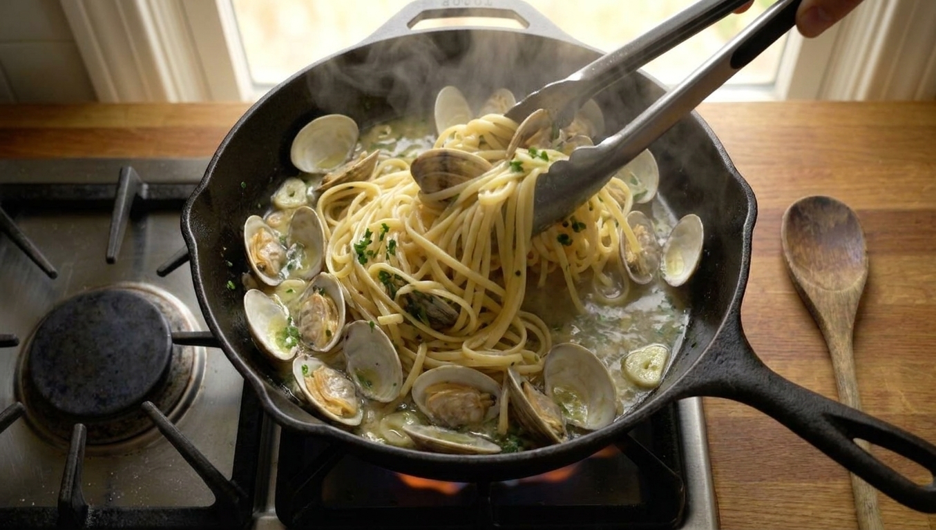 A wide skillet on the stove with linguine being tossed with opened clams in a glossy white wine garlic sauce using tongs
