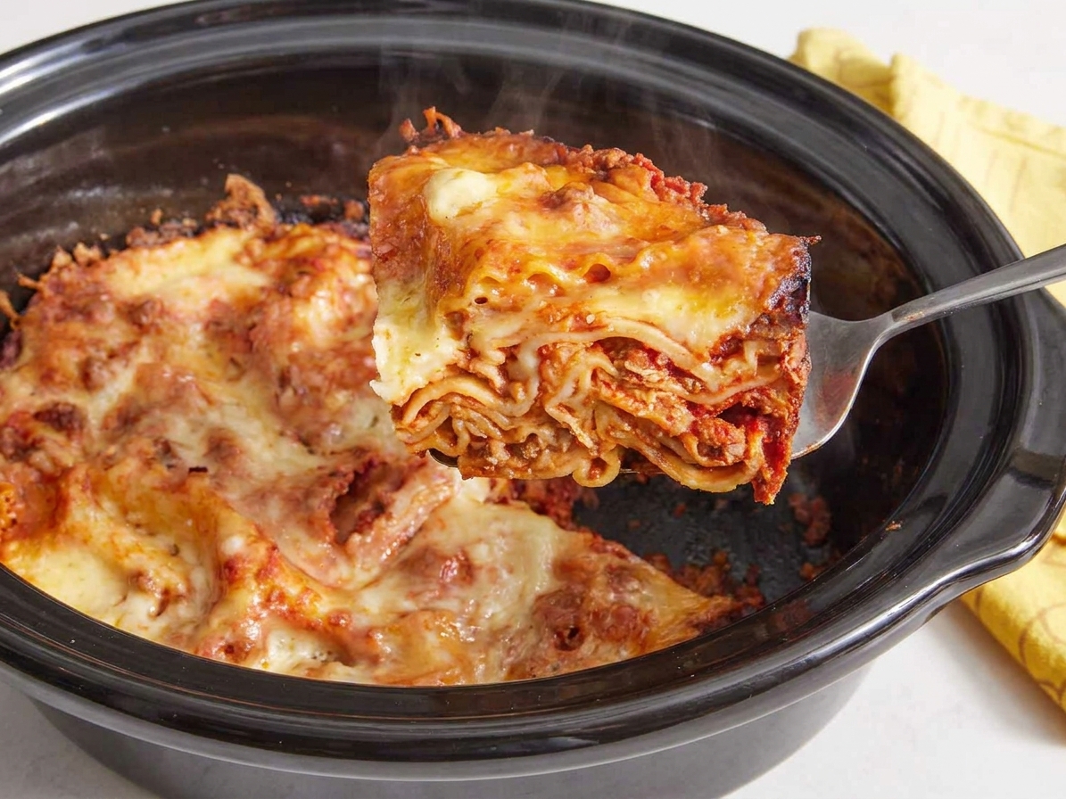 A wide spatula lifting a square slice of crockpot lasagna from the slow cooker insert, showing distinct layers of noodles, sauce, and cheese