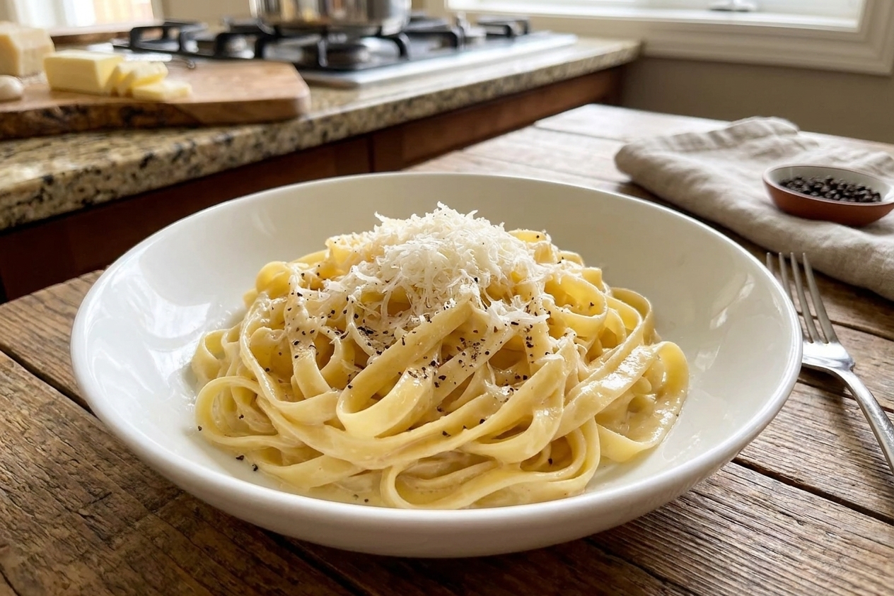 A wide white bowl of fettuccine Alfredo coated in glossy Parmesan butter sauce, finished with cracked black pepper and extra grated cheese on a wooden table in warm natural light