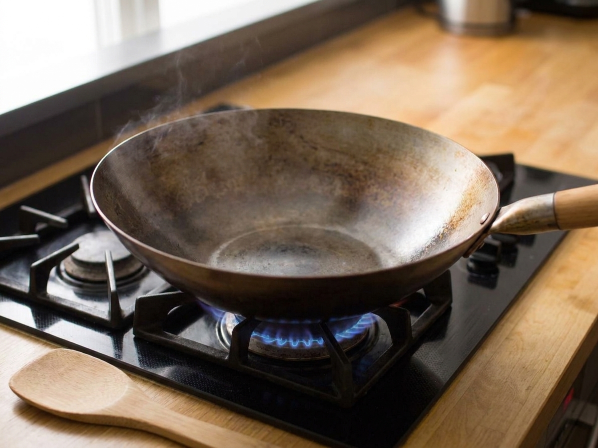 A wide wok heating over a gas stove burner in a home kitchen with a wooden spatula resting nearby