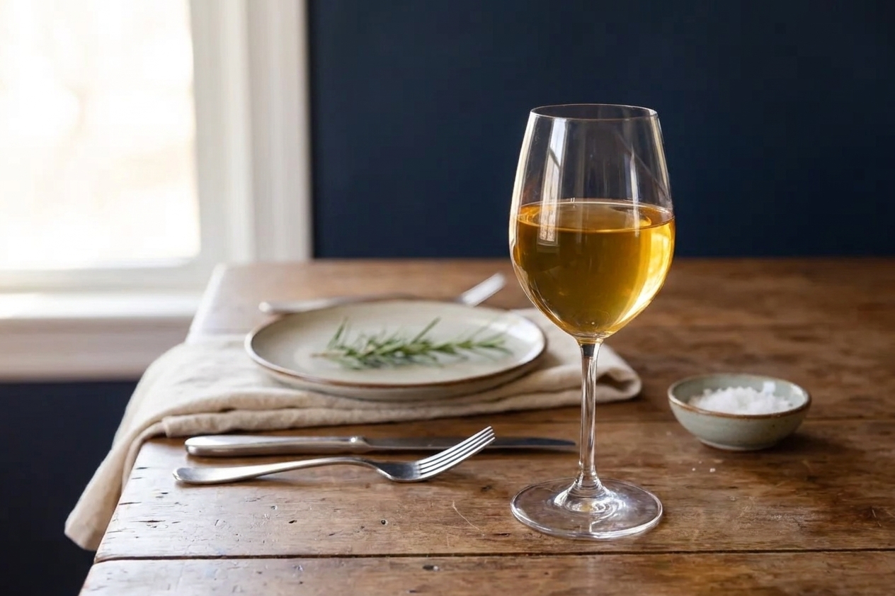 A wine glass filled with clear golden mead on a wooden table with a simple dinner setting in soft natural light