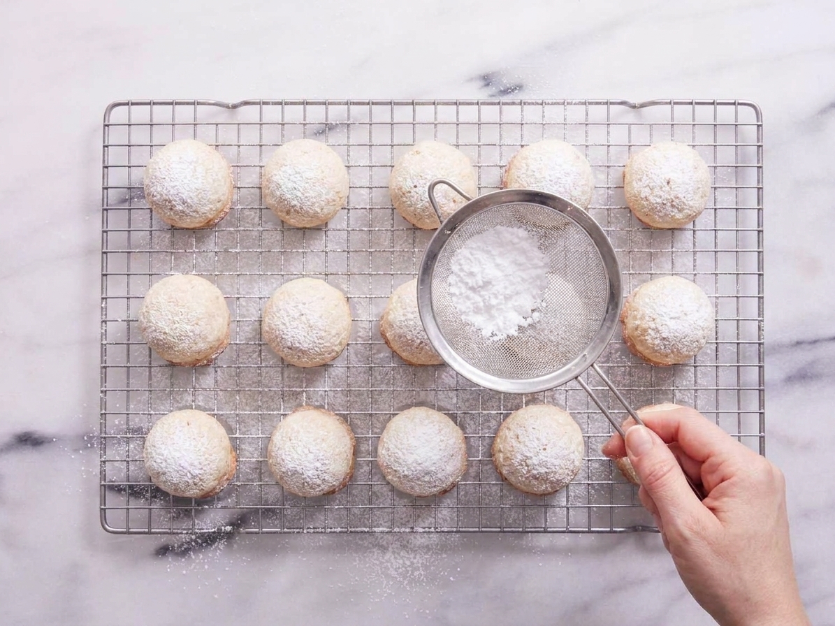 A wire rack of snowball cookies being dusted with powdered sugar through a fine-mesh sieve on a kitchen counter