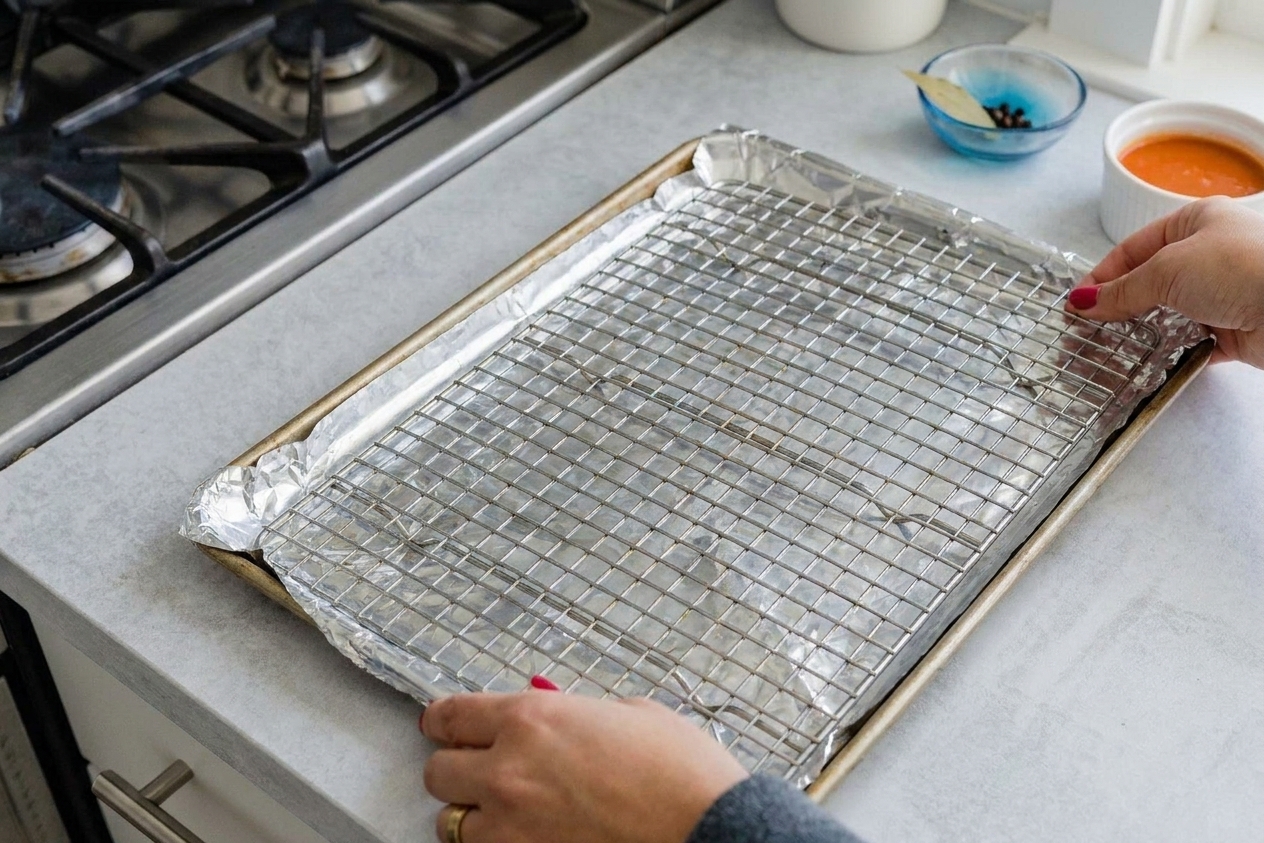 A wire rack set inside a foil-lined rimmed baking sheet on a kitchen counter