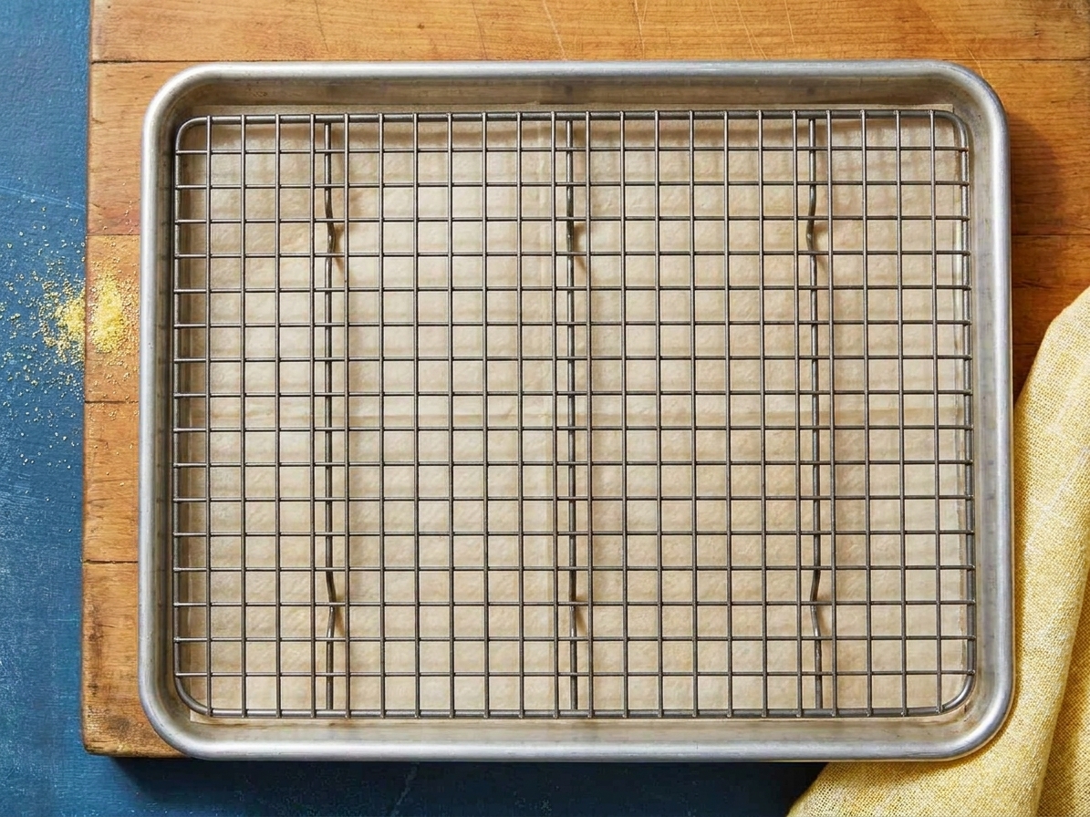 A wire rack set over a sheet pan on a kitchen counter, ready for draining fried food